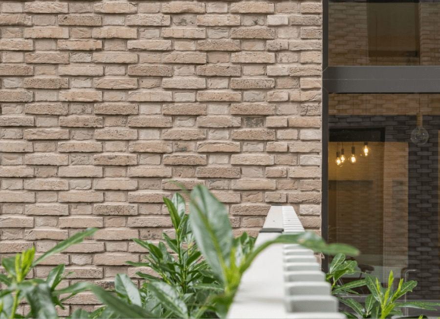 Exterior wall of a house with light beige brick with plants around it.