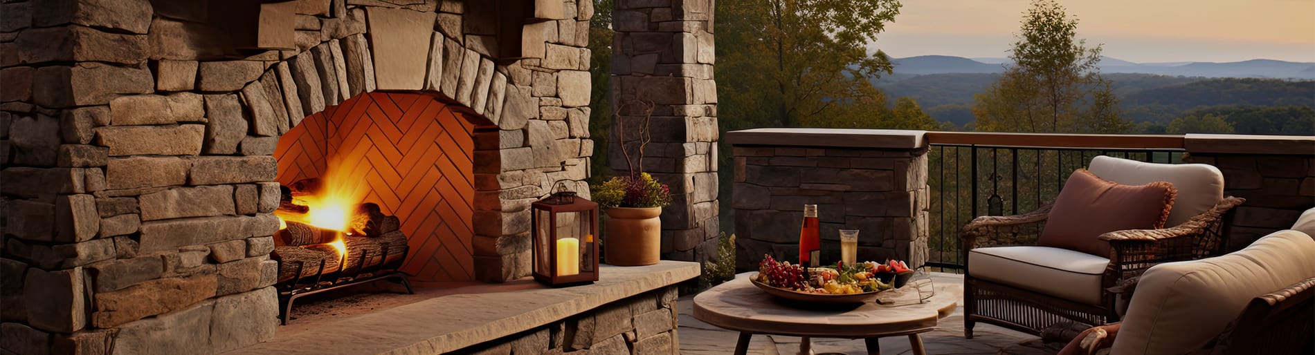 A large outdoor brick fire place that is lit, with two chairs and a table with food and drinks in front of it, overlooking trees and hills.