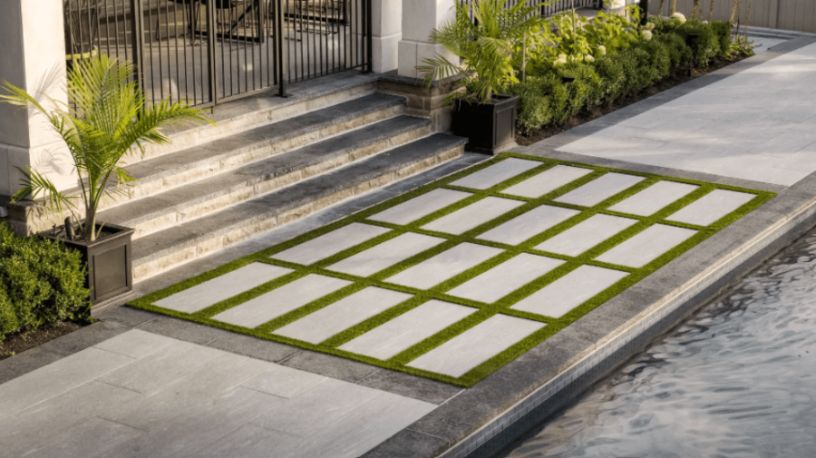 Light grey stone stairs to a pool patio.