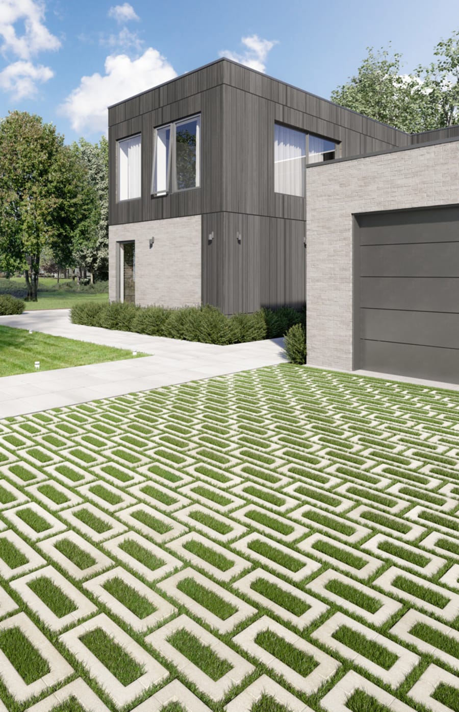 Residential house with stone walkways and stone feature with grass pattern.