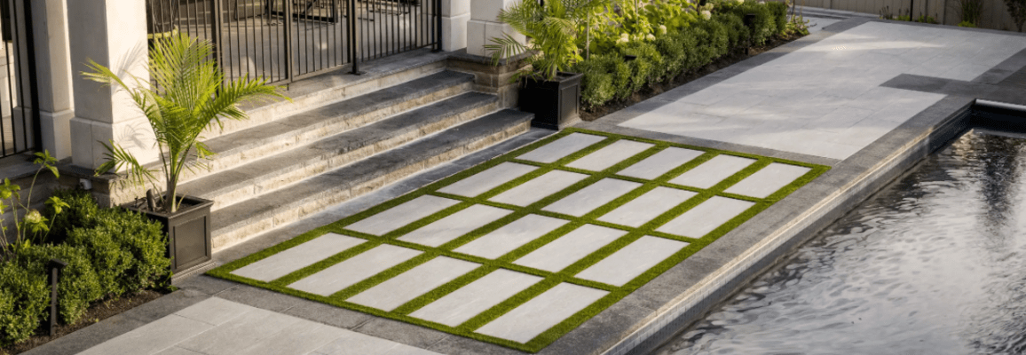 Grey stone stairs with a patterned patio at the edge of a pool.