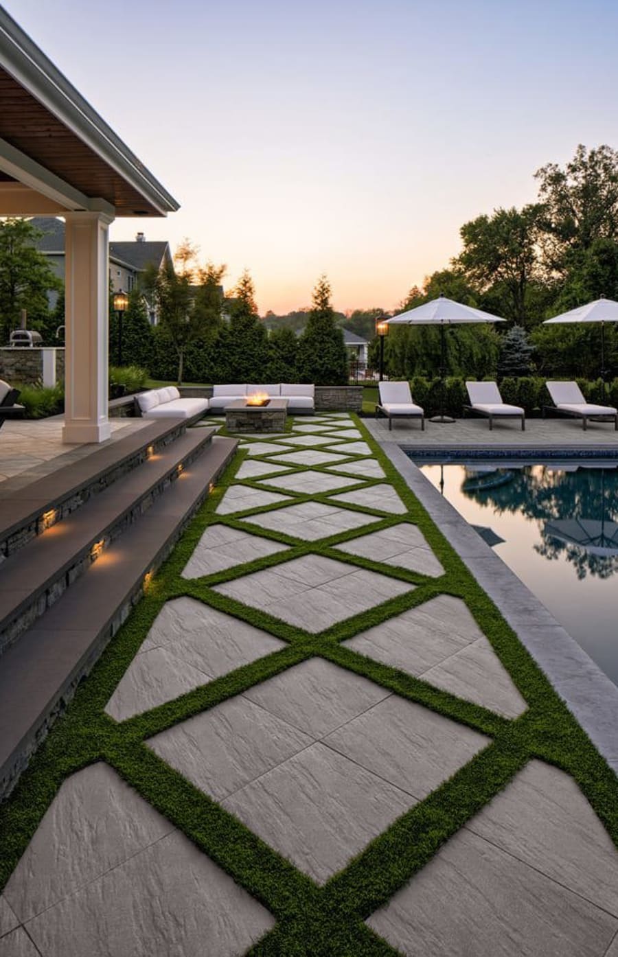 Stone steps leading to walkway design on an outdoor patio by a pool.