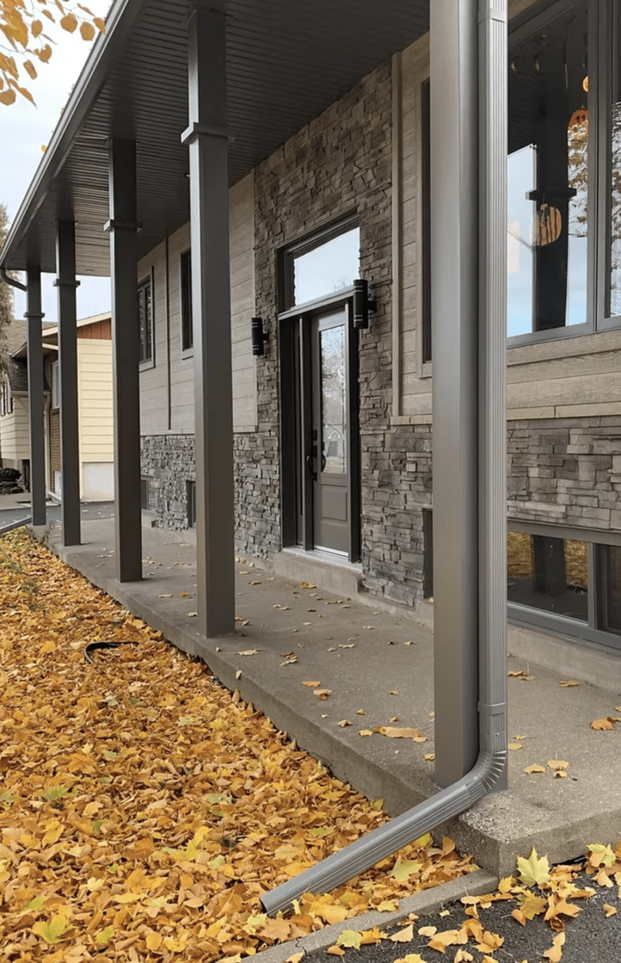 Exterior of residential house with grey wall stone and brown pillars.