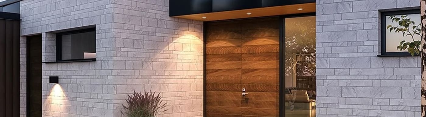 Exterior stone stairs with foliage on either side, multiple lights and a beige garage door to the right of the stairs.